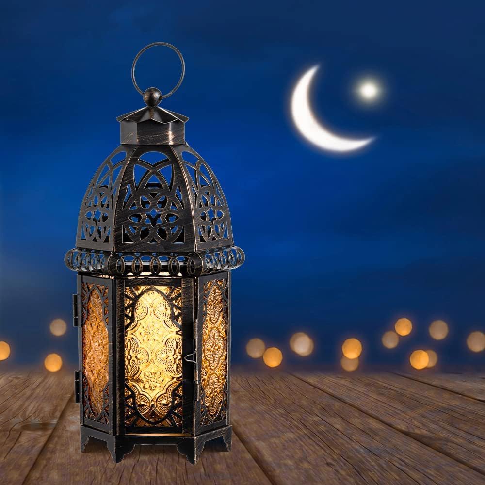 NEEDOMO 12.8'' Moroccan Lanterns Decorative Indoor & Outdoor, Vintage Christmas Candle Holder, Metal Lanterns Decorative, Table, Patio, Porch, Shelf, Christmas Spring Halloween Home Decor (Amber)