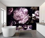 -Black Peony Purple Floral Botanical Fabric Wallpaper Living Room Bedroom Bathroom Dark Flowers Wall Mural- 91"x65"（ not Peel and Stick）