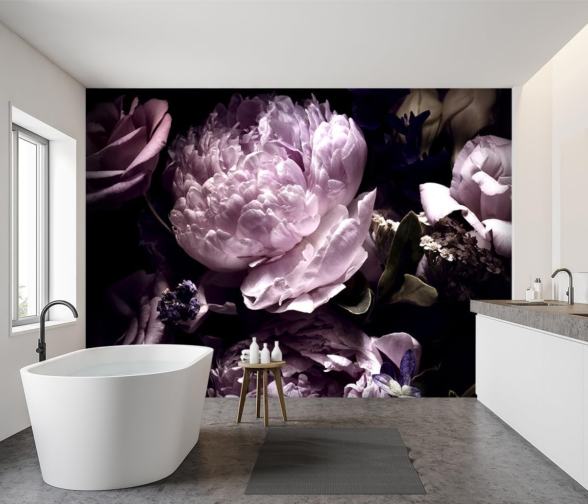 -Black Peony Purple Floral Botanical Fabric Wallpaper Living Room Bedroom Bathroom Dark Flowers Wall Mural- 91"x65"（ not Peel and Stick）