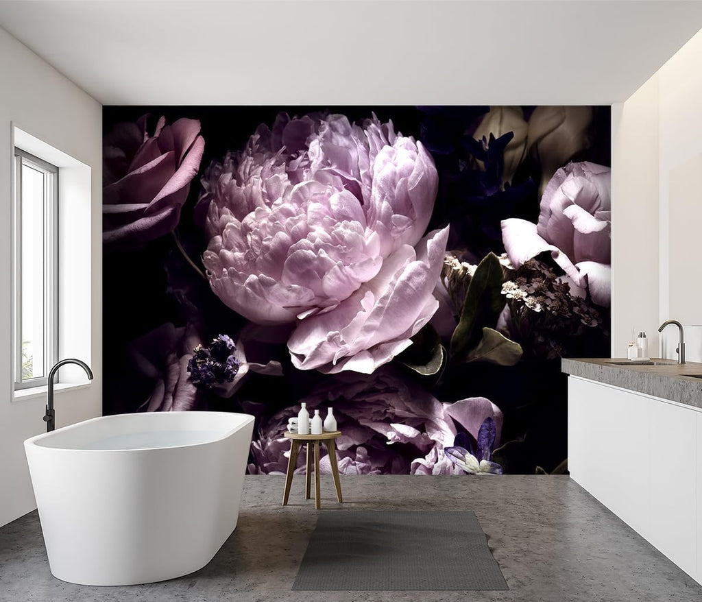 -Black Peony Purple Floral Botanical Fabric Wallpaper Living Room Bedroom Bathroom Dark Flowers Large Wall Mural- 183"x120"（ not Peel and Stick）