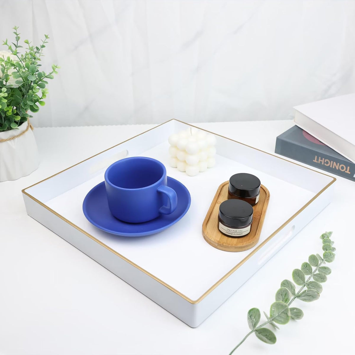 Spsyrine Decorative Tray, 13" Plastic Square Coffee Table Tray with Handles for Living Room, Ottoman, Bathroom Decor