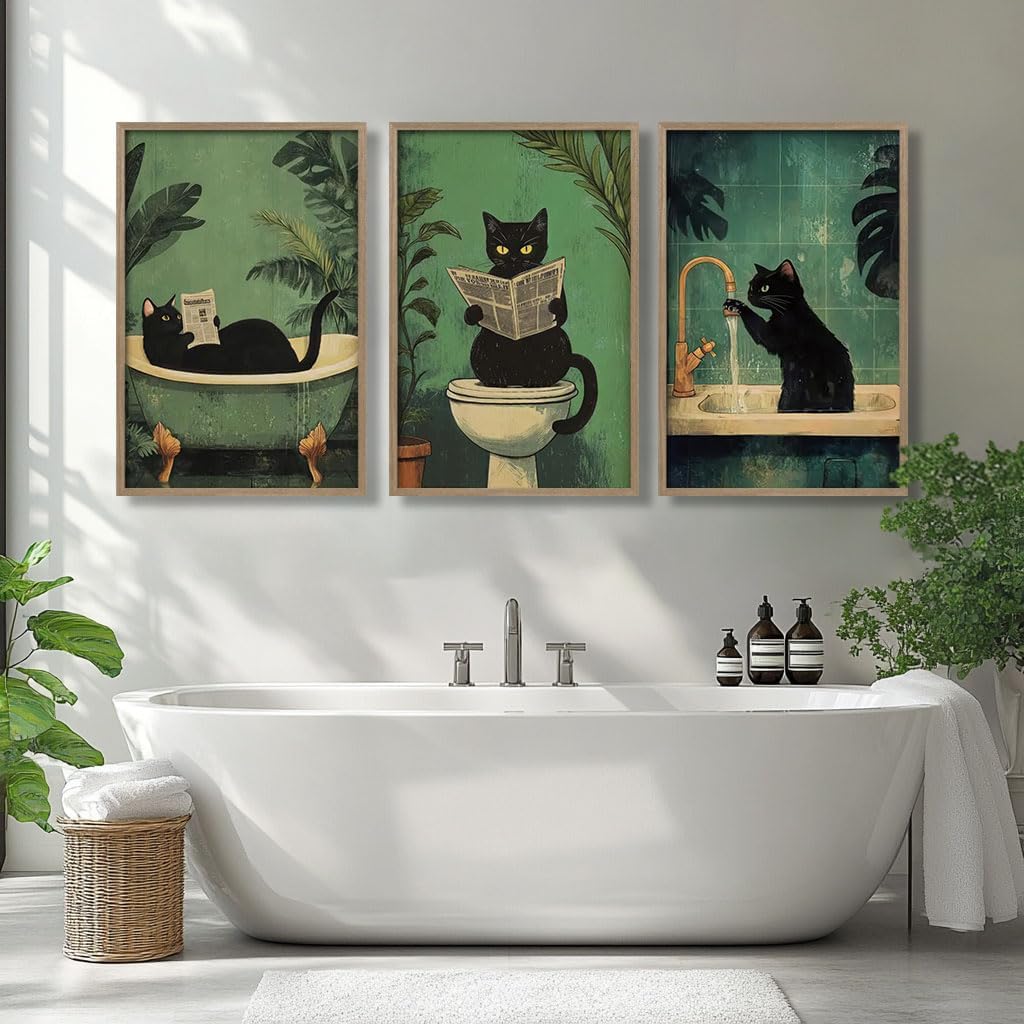 3Pcs Wooden Frame Cute Black Cat Bathroom Wall Art Modern Style Canvas Prints Funny Posters Pictures Decorative Paintings Artworks Suitable for Living Room Bedroom Bathroom Gallery Style Design 12x16In