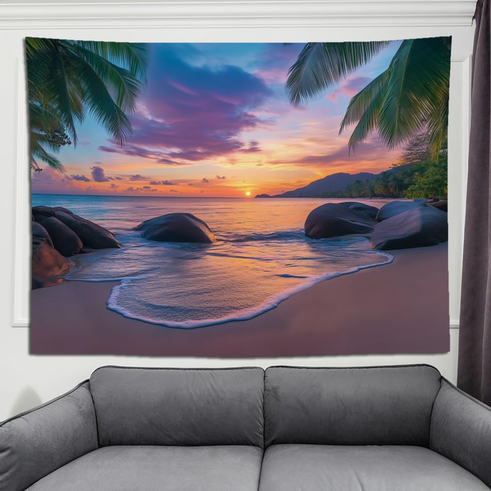 keowhsf Beach Sunset Ocean Tapestry – Tropical Palm Trees Wall Decor with Warm Orange Sky, Summer Seaside Landscape Wall Hanging for Bedroom Living Room Dorm