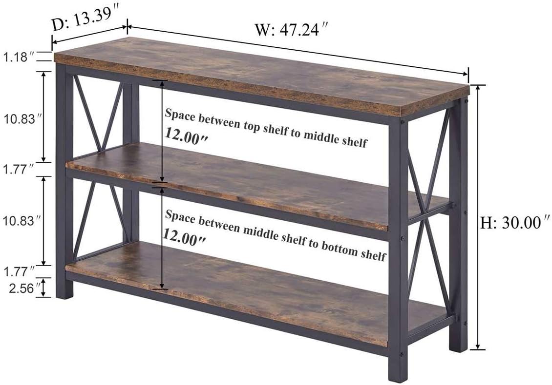 BON AUGURE Industrial Sofa Console Table for Entryway, 3 Tier Foyer Table for Hallway, Rustic Hall Tables Behind Couch (47 Inch, Rustic Brown)