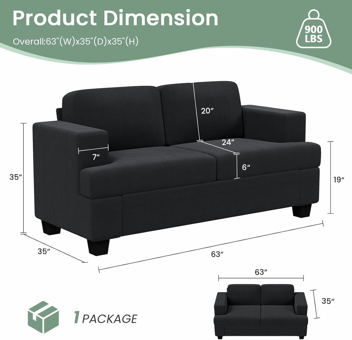 3 Pieces Corduroy Couch Set for Living Room, 7 Seats Cloud Sofa, Deep Seat Floor Couch for Bedroom, Futon Modern Sofa Sectional Bed, Black Corduroy