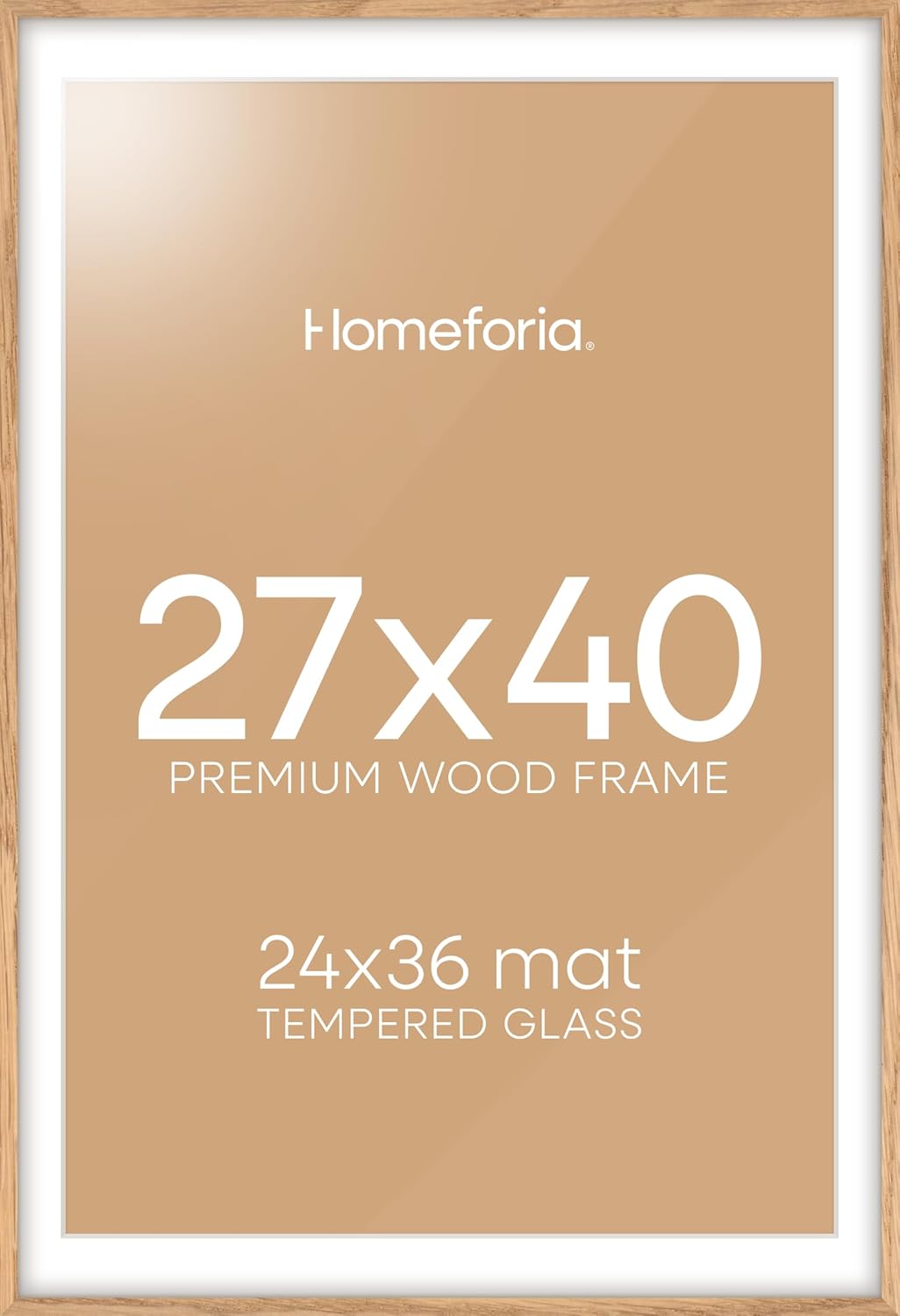 Homeforia Wood Poster Frame 27x40, High End Natural Oak 27 x 40 Large Picture Frame with Mat 24 by 36, 27x40 Light Wooden Frames Matted to 24x36, 40x27 Movie Frames, Tempered Glass, Wall Kit, Set of 1
