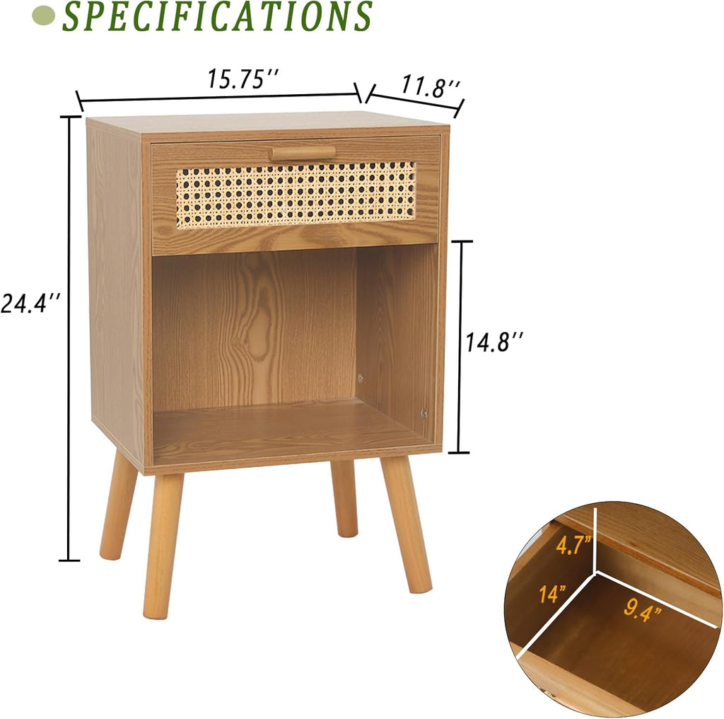 Mid Century Modern Nightstand, Rattan Bedside Table with Drawer and Open Shelf, Wood Nightstand Modern Side Table for Living Room, Bedroom and Small Space, Brown