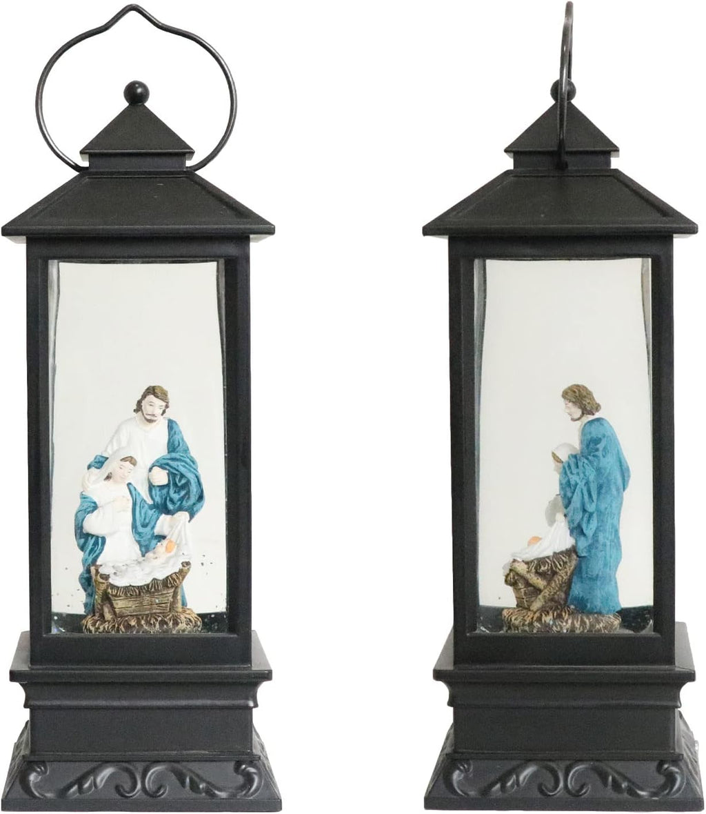 Eldnacele Battery Operated Plug-in Musical Lighted Christmas Water Snowing Glittering Snow Globe Lantern with Timer Christians Nativity Lantern Decor, Holy Family