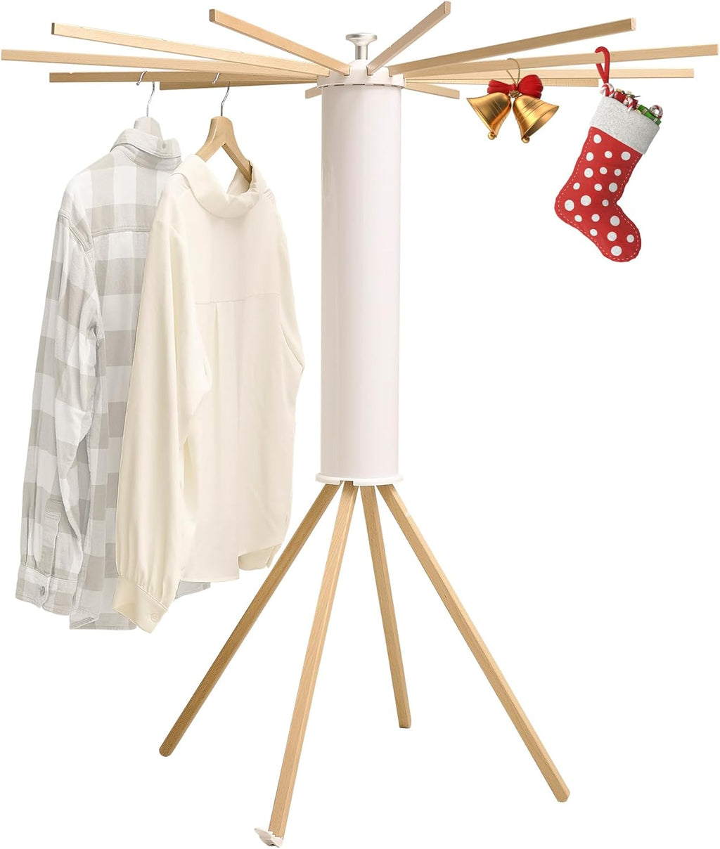 LEQ Drying Rack Portable,Foldable Drying Rack Clothing with 12 Wood Drying Arms, Standing Laundry Hanger Rack Round Collapsible & Portable Handle for Laundry Room, Balcony, Bedroom, RV