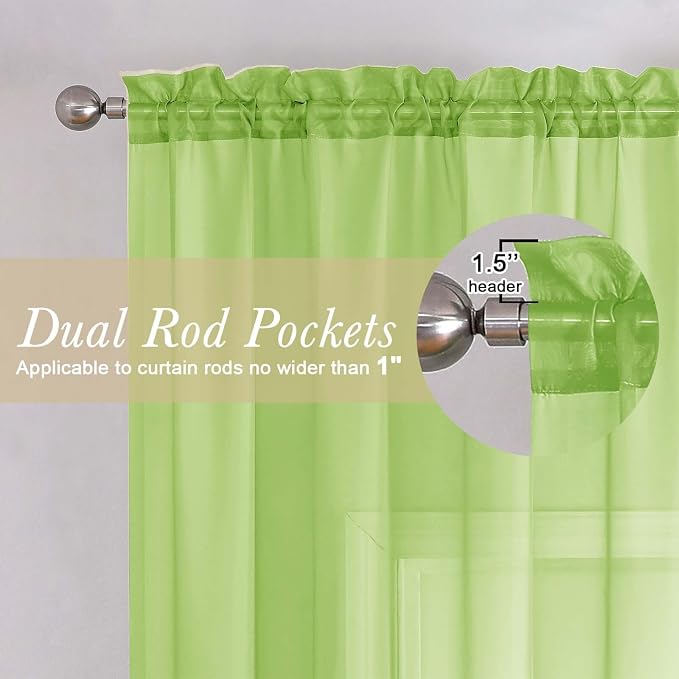 Lime Sheer Curtains 96 Inches Long 2 Panels, Dual Rod Pockets Living Room Decor - Image 5