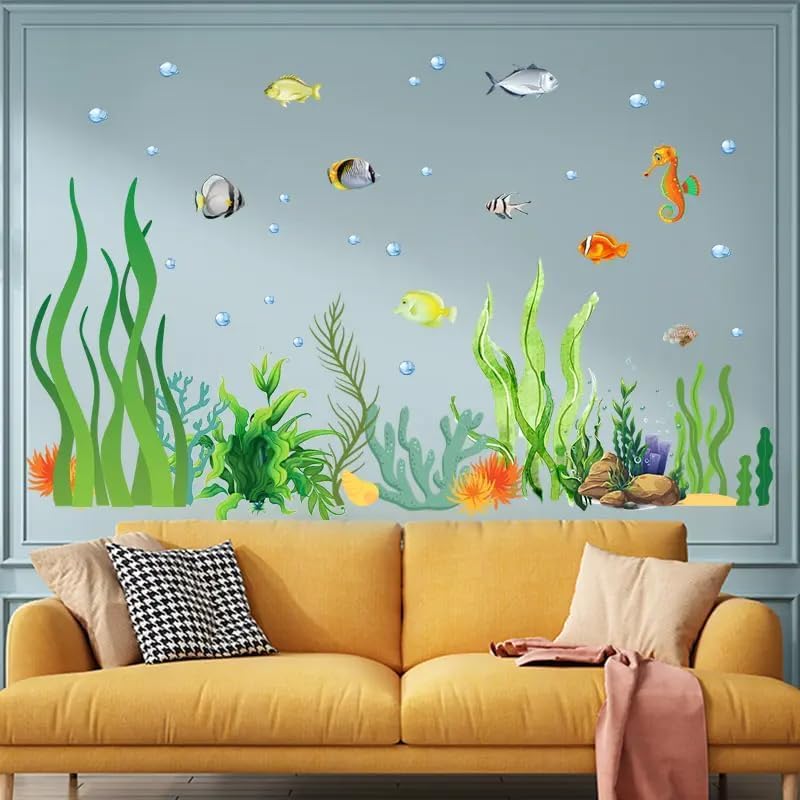 2 Sheets of 12x36 Inch Spring Summer Window Cling Sticker Fish, Plants, Aquatic Theme Window Stickers, Spring and Summer Decor, Home, Shop, Party Window, Glass, Wall Display Stickers (Aquatic Theme)