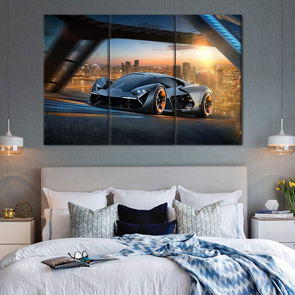Wall Art for Living Room Black Sports Car Paintings Fantasy Scenery Pictures Contemporary Artwork Printed on Canvas Home Decor Giclee Framed Stretched Ready to Hang Gift - 40 x 20inch x 3 panels