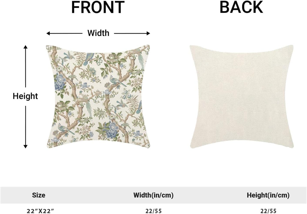 CXMEIFLY Chinoiserie Spring Pillow Covers 22 x 22 Inch Set of 2 for Blue Sage Green Vintage Flowers Bird Decor Throw Pillows Plant Farmhouse Outdoor Decorative Cushion Cases for Couch Bed Decorations