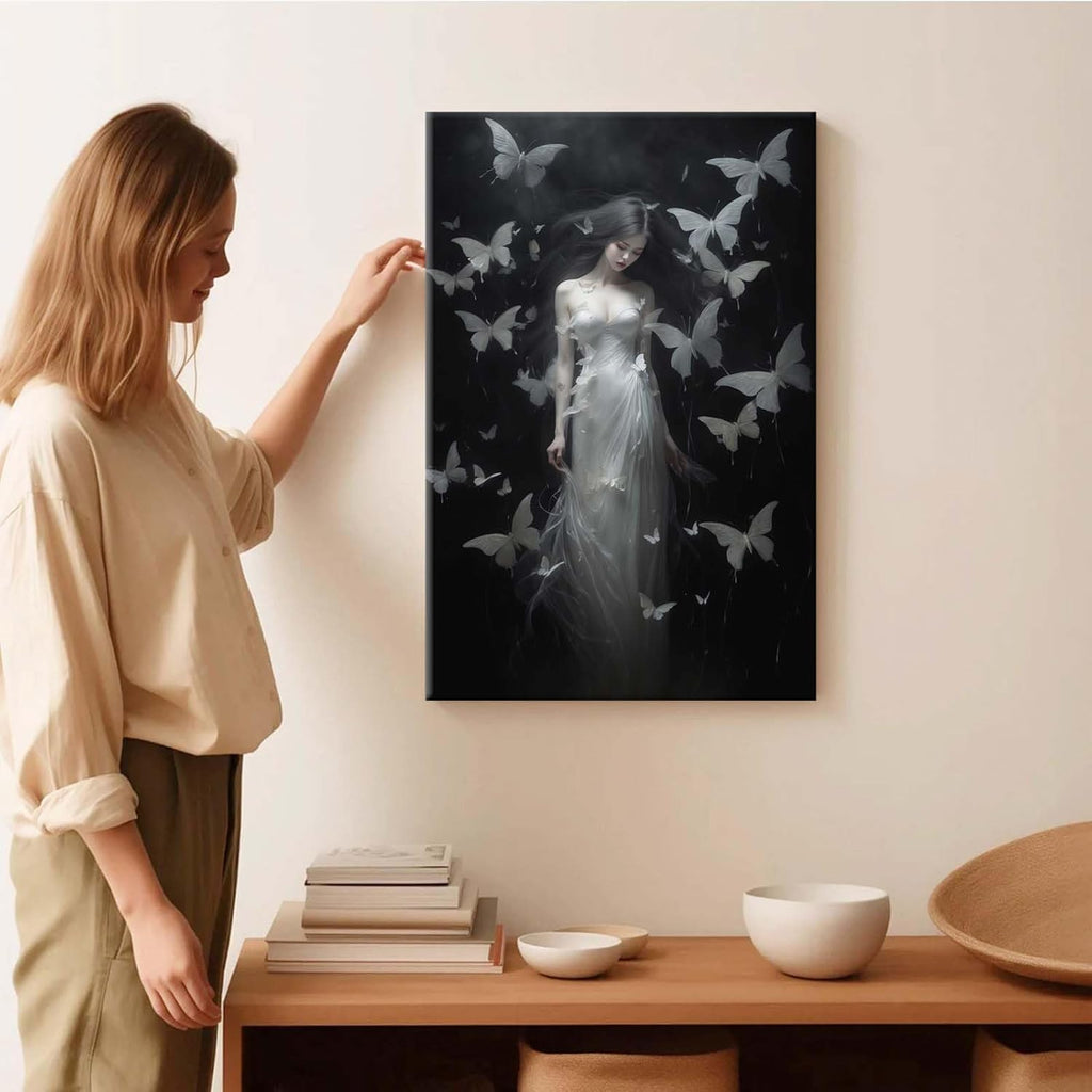 JFHCQJPK Vintage Gothic Feminine Canvas Wall Art Print Butterfly Poster Moody Female Wall Art Retro Artwork Dark College Decor for Home Bedroom12x16in Frameless