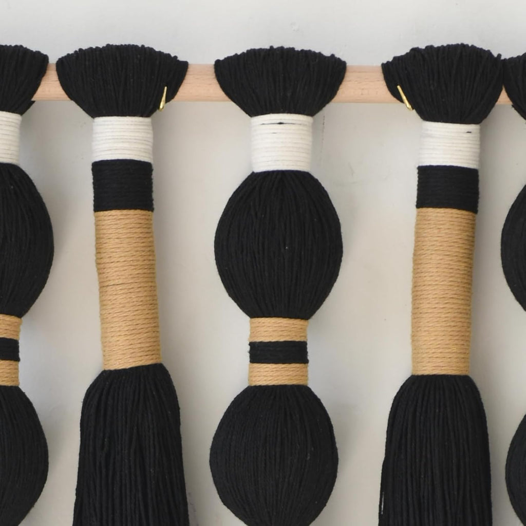 Macrame Wall Hanging Black Sphericity Cotton Tassels Textile Hanging Geometric Yarn Wall Art for Bedroom Living Room Decor 15.7" W x 39" L