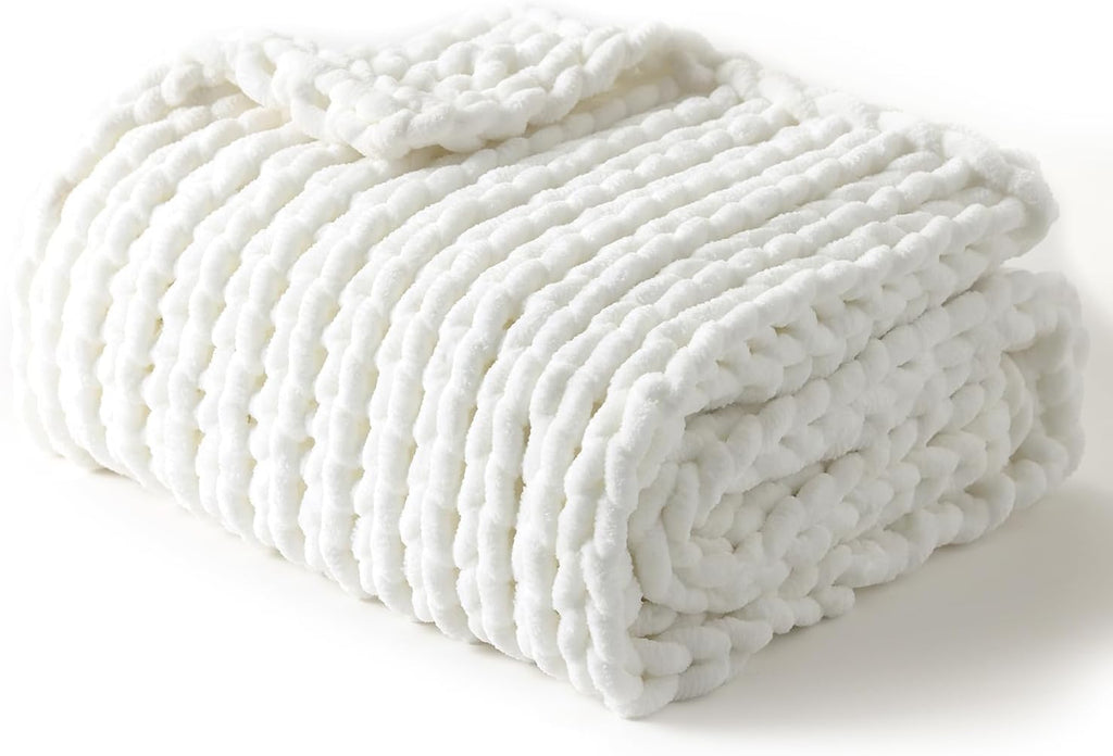 YnM Chunky Throw Blanket, Medium-Weight, Hand Knitted with Chenielle Yarn, Skin Friendly, Ventilated and Breathable, Machine Washable, Home Décor Piece for Couch, Sofa and Bed (White, 50x60 Inch)