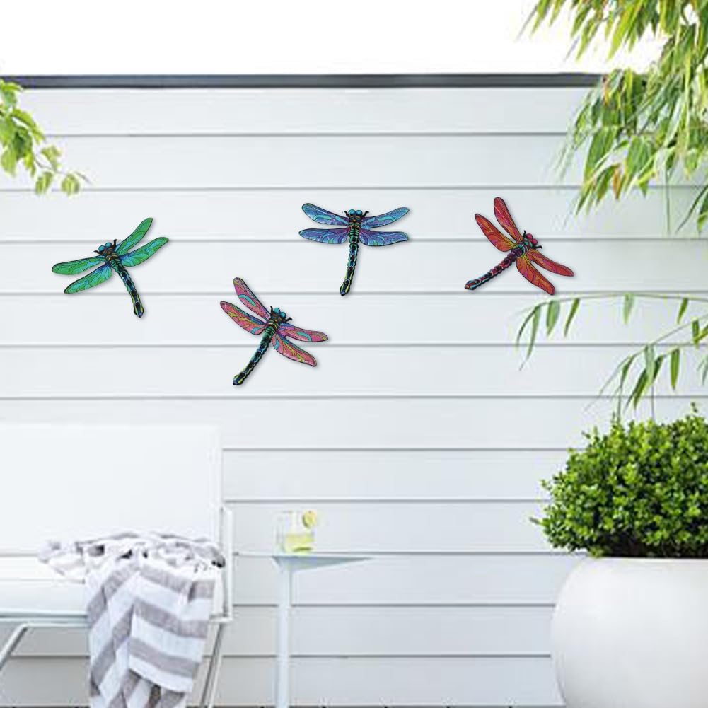 Metal Dragonfly Wall Decor Art, 4 Pack Colorful Metal Dragonflies Outdoor Wall Art, Hand Painted Outdoor Wall Decor for Garden, Yard, Fence, Patio, Outside, Living Room Decoration