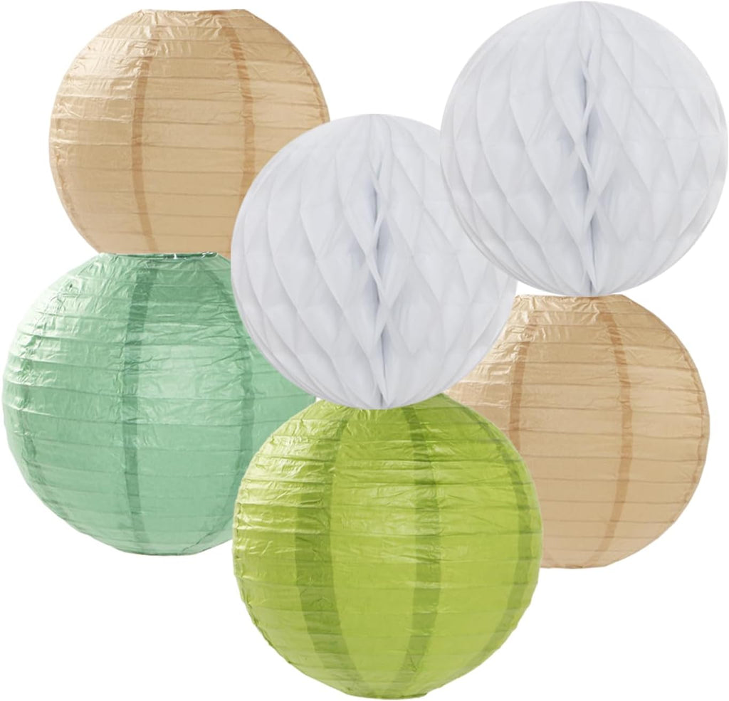 Olive-Sage Green-Boho Party-Decorations Streamers-Lanterns - 14pcs Baby Bridal Shower Wedding Paper Fan, Eucalyptus Wild Safari Jungle Birthday Tissue Pom Poms, Honeycomb Balls Decor Lasting Surprise