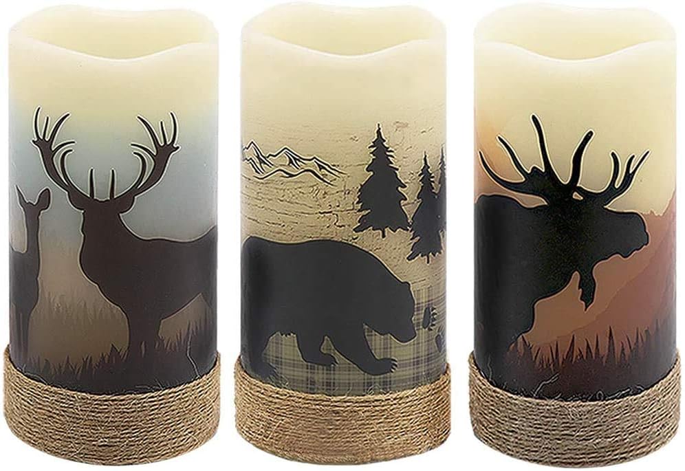 GenSwin Battery Operated Flameless Led Candles Flickering with Hemp Rope and 6H Timer, Real Wax Pillar Candles Warm Light with Deer, Moose, Bear Decals Decor Christmas Home(Pack of 3, D3 x H6)