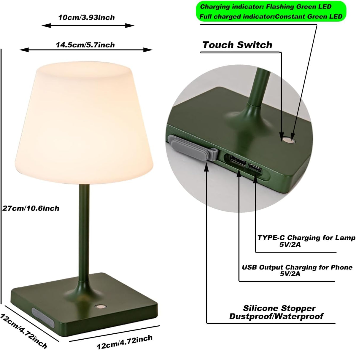 LED Cordless Table lamp Rechargeable,Outdoor Battery Operated Portable Desk lamp,Shower lamp Waterproof,4000mAh LED 3 Colors Dimmable Touch Night Lamps-Green