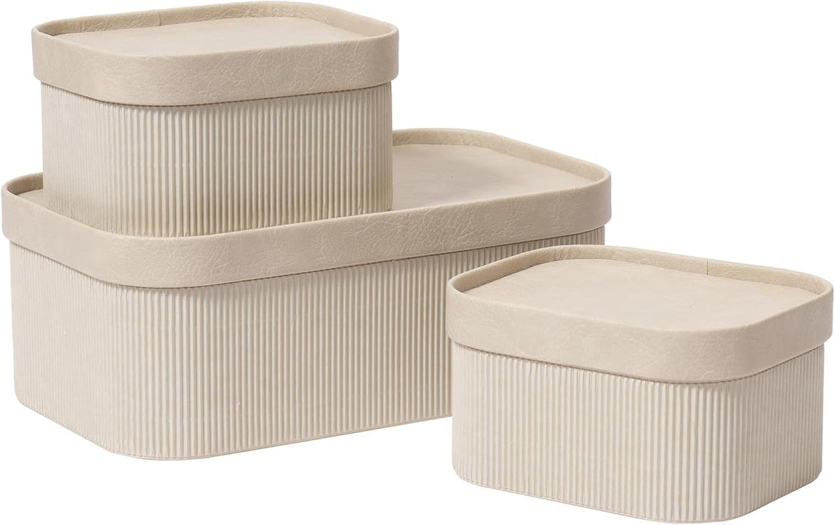 La Jolie Maison Fluted Cardboard Storage Baskets with Leather-Like Lids, Sturdy Stackable Paper Boxes Decorative Tray,Set of 3 Ivory