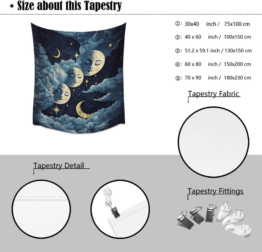 Blue Moon Faces Tapestry Celestial Wall Art Dark Academia Aesthetic Print Stars Clouds Tapestries Wall Hanging whimsical Gothic Home Decor for Bedroom Living Room 40x60inch