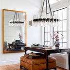 Round Black Glass Wagon Wheel Chandelier, Chandelier with Water Ripple Textured Recycled Clear Glass Piece, Modern Industrial Pendant Light with Metal Frame, Lighting Fixture for Living Room, Foyer