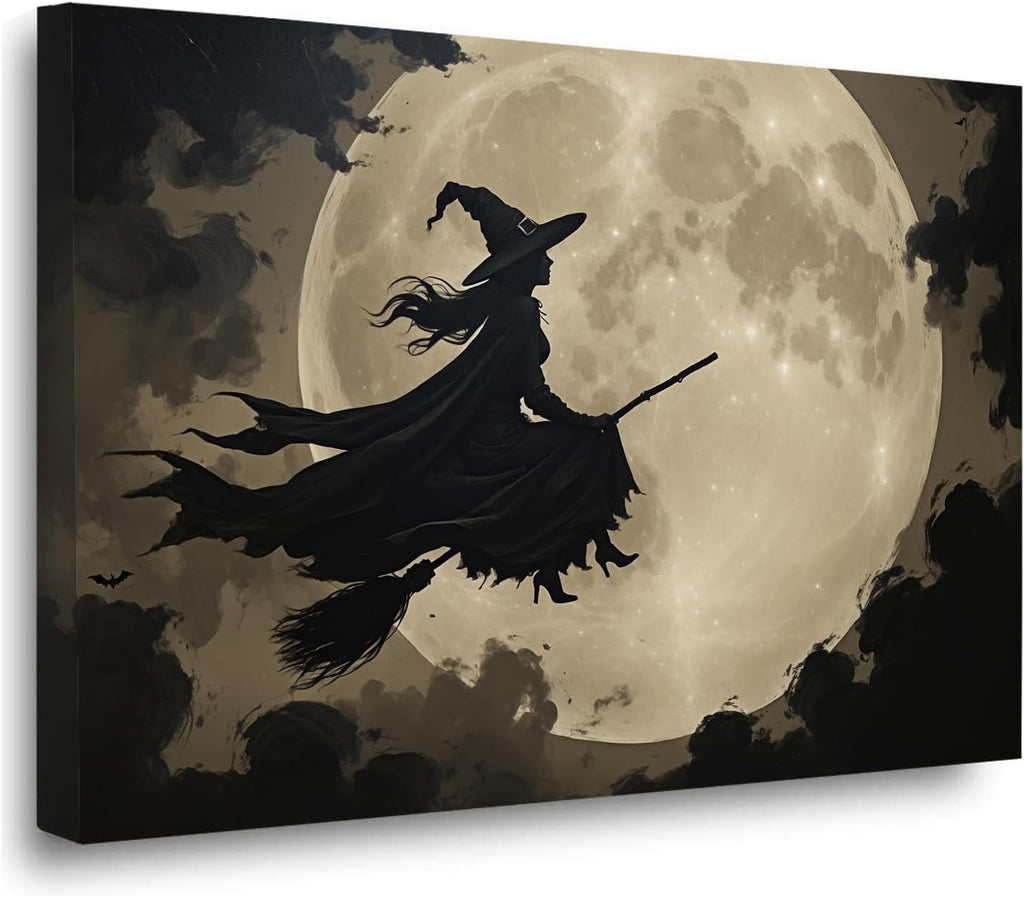 Full moon witch silhouette poster witch on magic broom Halloween mural poster decorative mural art suitable for home living room bedroom24x36in Wood Framed