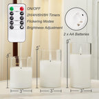 Homemory Clear Glass Flameless Candles, Pure White Wax Battery Operated Candles, LED Pillar Candles with Remote Control and Timers, D3 H4 5" 6", Set of 3