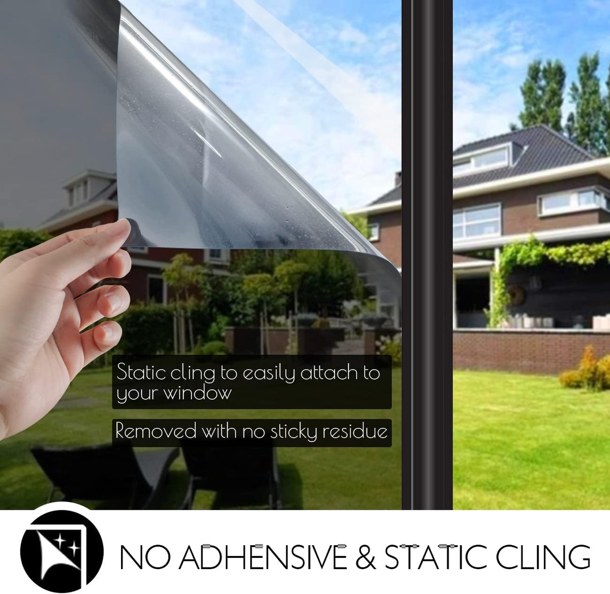 HIDBEA One Way Privacy Window Film, Daytime Mirror Reflective Heat Control UV Sun Blocking Non-Adhesive Static Cling Window Tint for Home and Office (Black-Silver, 23.6 Inch x 13.1 Feet)