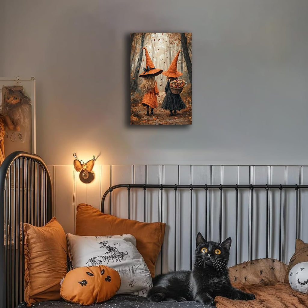 Fall Wall Art Witch Picture Decor,Little Girl Witch Halloween Wall Art, Vintage Autumn Whimsical Woodland Forest Picture, Family Room Nursery Playroom Children Room Decoration,16"x24" Unframed