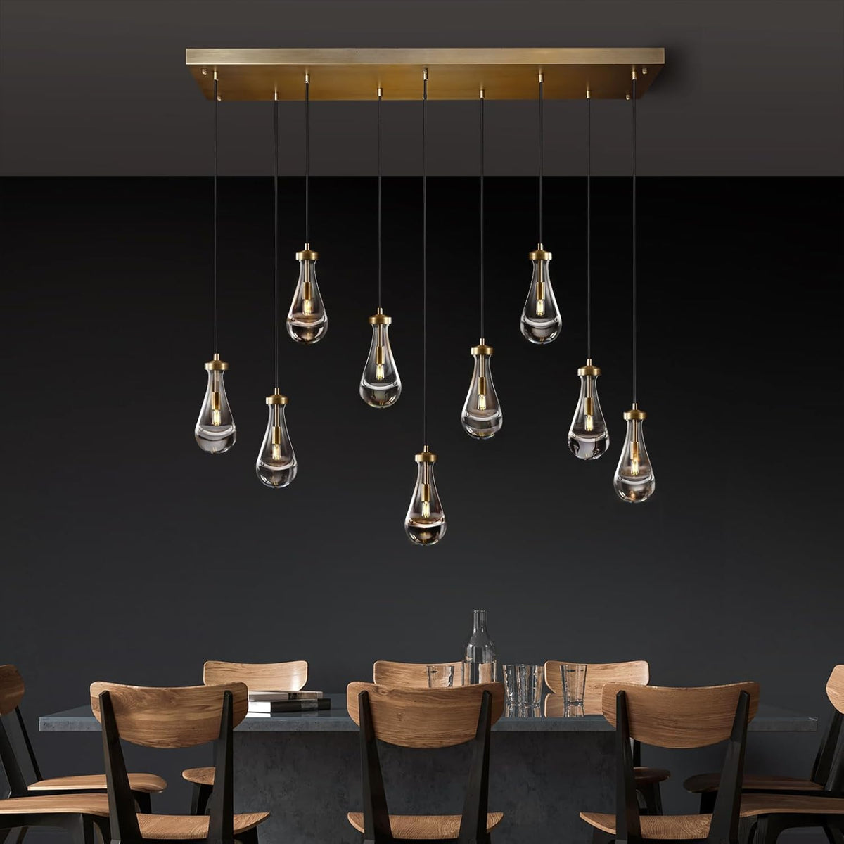 Raindrop 9-Light Chandeliers for Dining Room Gold Dining Room Lights Fixture Over Table, Brass Pendant Lights Kitchen Island, Adjustable Rope Teardrop Hanging Lamp Ceiling for Living Room