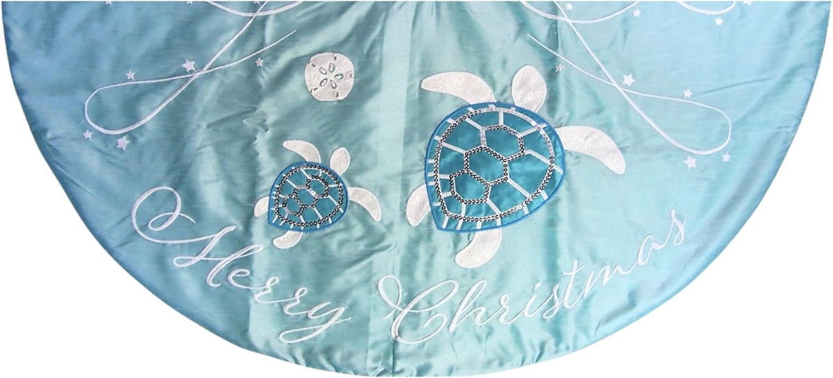 Merry Christmas Sequin Turtle Tree Skirt, 42 Inches, Turquoise and White