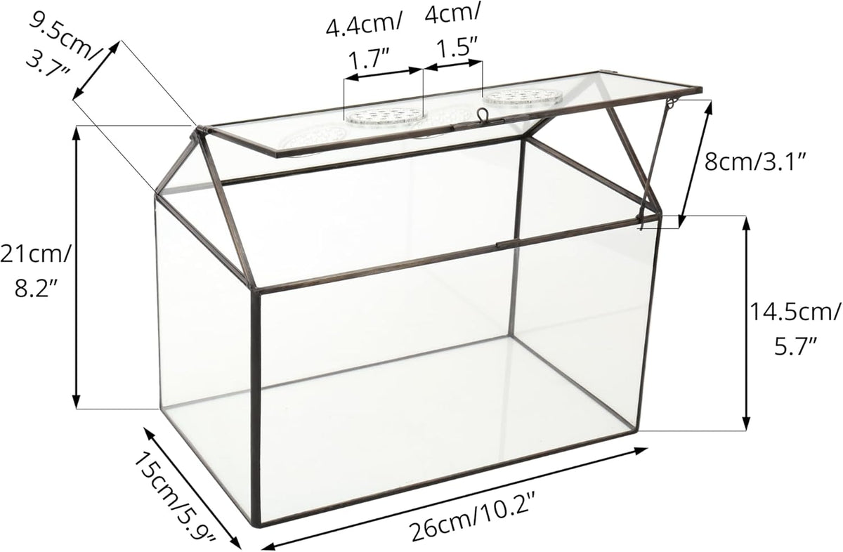 NCYP Glass Terrarium with Lid and Air Holes for Snails, Succulents Plants, Small Cactus - 10.2" x 5.9" x 8.2" House Shape Geometric Clear Box, Indoor Tabletop Decor Black (Terrarium Only)