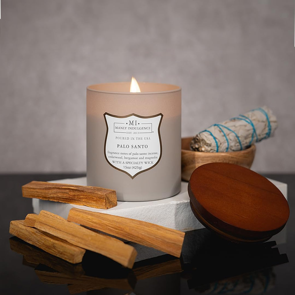 Manly Indulgence Palo Santo Scented Candles for Men, 15 oz Wooden Wick, Premium Soy Blend Wax, 60H Burn, Candles for Home Scented - Made in The USA