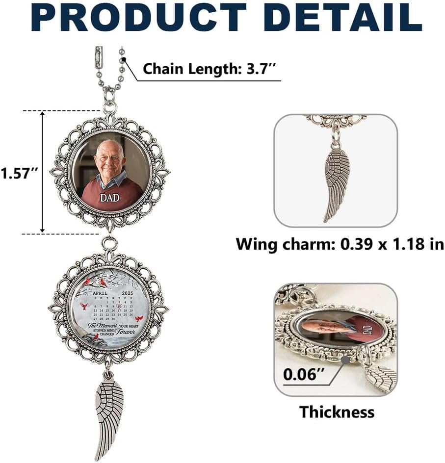 Memorial Car Rear View Ornament with Custom Photo - Moment Your Heart Stopped Wing Charm Hanginh Ornament Car Mirror Remembrance Sympathy Gift for Loss of Loved Ones Grieving Keepsake