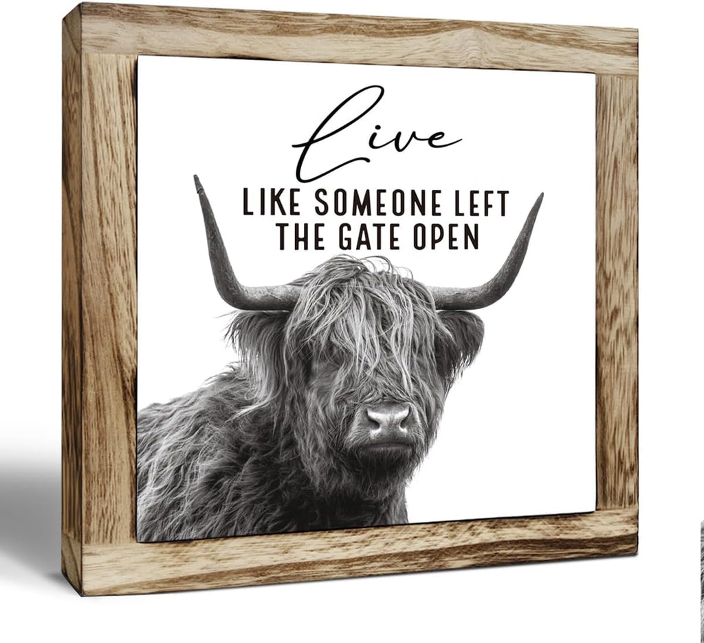 Funny Wood Sign, Cow Decor, Wooden Plaques Sign Table Decoration, Farmhouse Decorate for Shelf, Country Style Home Decor, Inspirational Decorate Signs, Live Like Someone Left the Gate Open Signs