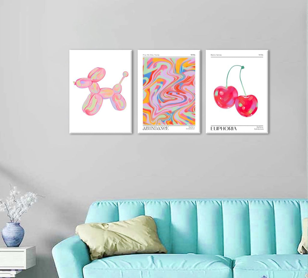 Framed Pink Preppy Wall Art Set of 3 Trendy Cute Balloon Dog Cherry Posters Abstract Aura Canvas Prints Modern Colorful Painting Retro Pop Art Decor Positive Picture for Living Room Bedroom 16x24in