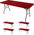 Fitted Tablecloth for 8 Foot Rectangle Tables-4 Pack Red Elastic Outdoor Picnic Table Cover-Spandex Stretch Folding Table Cloths 8ft for Camping Dining Room Patio Kitchen Banquet Party