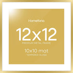 Homeforia 12x12 Picture Frame Gold, High End Metal 12 x 12 Square Poster Frame with Mat 10 x 10 Photo, 12x12 Frame Matted to 10x10 Print, 12by12 Gold Hanging Frames, Tempered Glass, Wall Kit, Set of 1