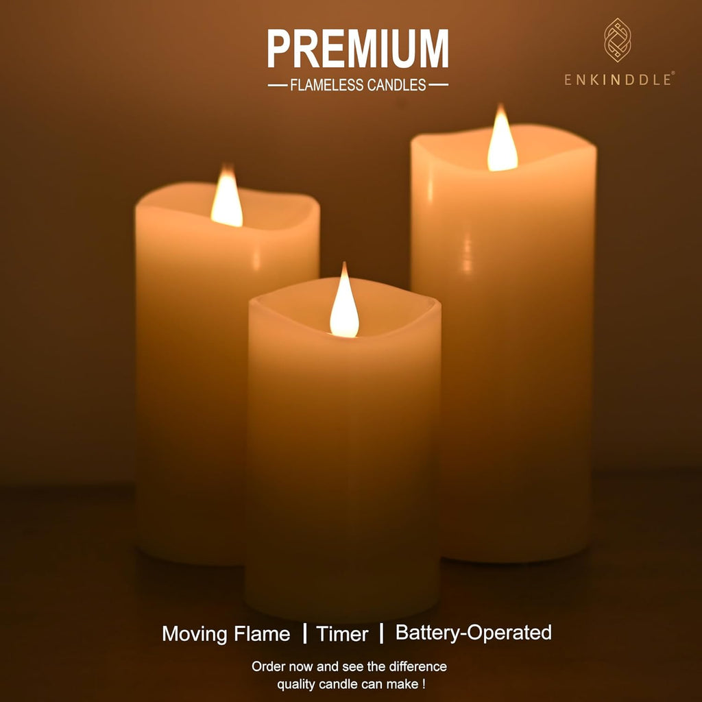 Flickering Flameless Candle, Real Wax LED Pillar Candle with 3D Moving Flame, Battery Operated, Built-in Timer, Ivory, Unscented, Safe for Home Décor, and Holidays 3" x 7.12"