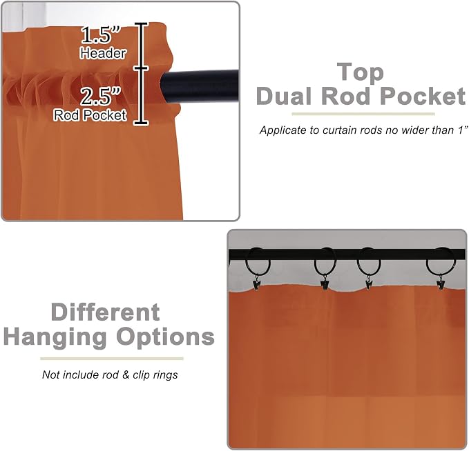 Orange Sheer Curtain for Bedroom Living Room 72 Inches Long 2 Panels Set - Image 4