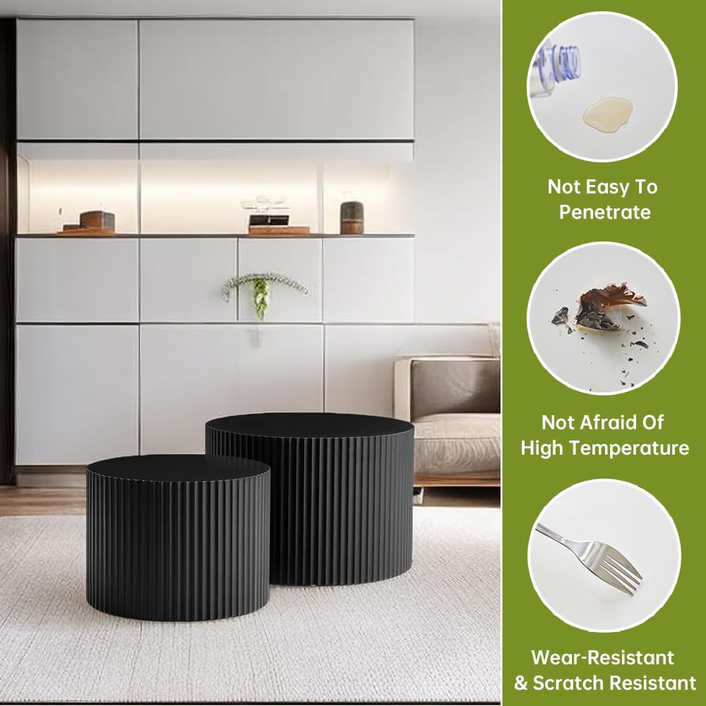 Round Nesting Coffee Table Modern Black Fluted Coffee Table Set of 2 Stripe Round Coffee Tables Circle Drum Coffee Tables Side Table Accent End Table for Living Room (Black Large)