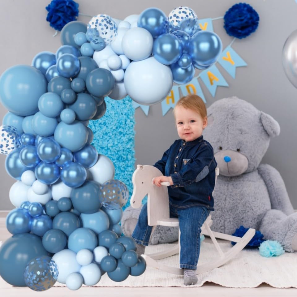 Amandir 153pcs Blue Balloon Garland Arch Kit, Different Sizes 18 12 10 5 inch Latex Metallic Confetti Blue Balloons for Boys Birthday Baby Shower Ocean Theme Party Anniversary Decoration Supplies