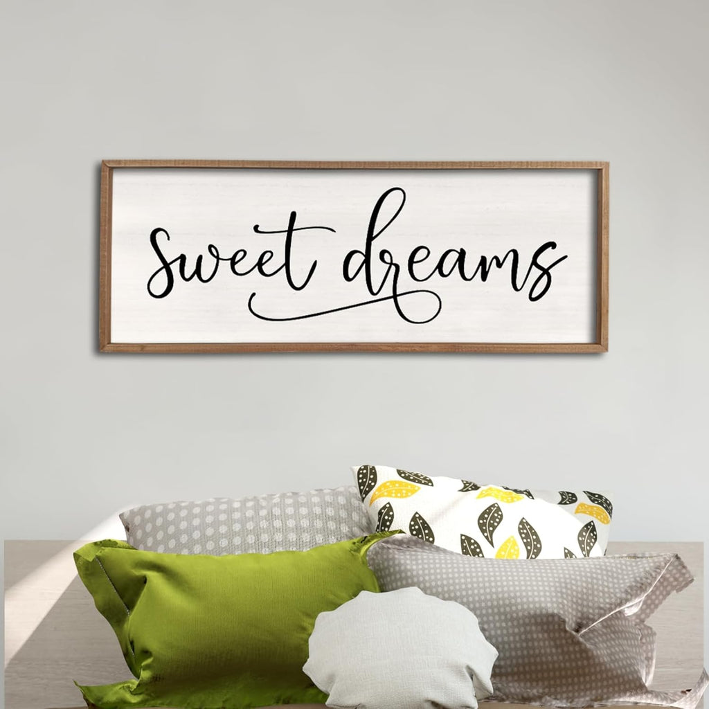comurdyo Sweet Dreams Wall Decor Above Bed Sign 40" x 15" Master Bedroom Wooden Antique Framed Large Rustic Farmhouse Guest Room Beautiful Simple Hanging Plaque Over Bed Wall Art (Wood)