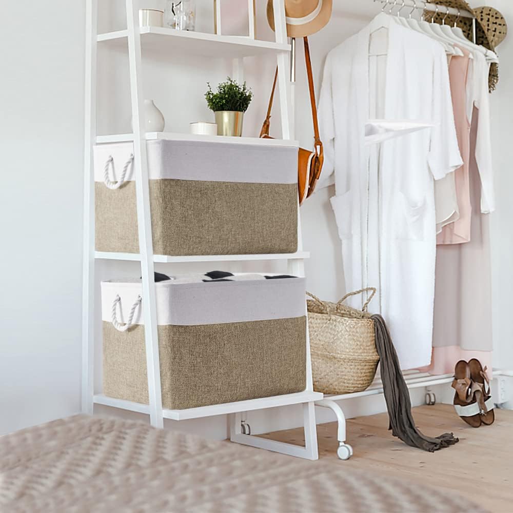 TheWarmHome Organization Basket - 20x16x14 inch Jumbo 3 Pack Collapsible Storage Bins for Shelves, Fabric Storage Cubes for Closet Organizer Gift Toy (White & Khaki)