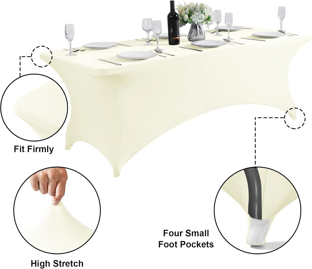 SuperO Waterproof Spandex Table Cover for 4FT Table Universal Fitted Stretch Tablecloth for Party, Banquet, Wedding and Events-Ivory