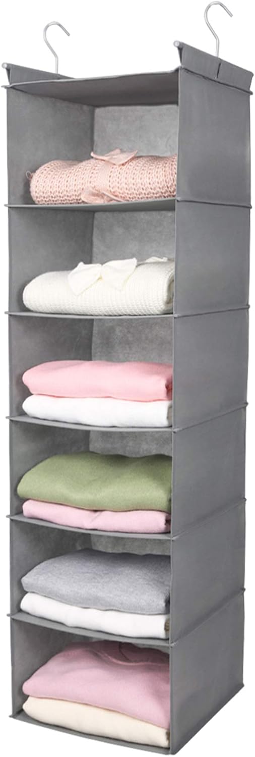 MAX Houser 6 Tier Shelf Hanging Closet Organizer, Closet Hanging Shelf with 2 Sturdy Hooks for Storage, Foldable (Light Grey)