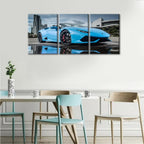 TUMOVO Blue Sports Car Wall Art for Bedroom Speed Super Car Canvas Painting Clouds Sky Large Wall Art for Living Room Open Car Contemporary Home Decor 3 Panels Stretched on Wooden Frame, 36" Wx16 H