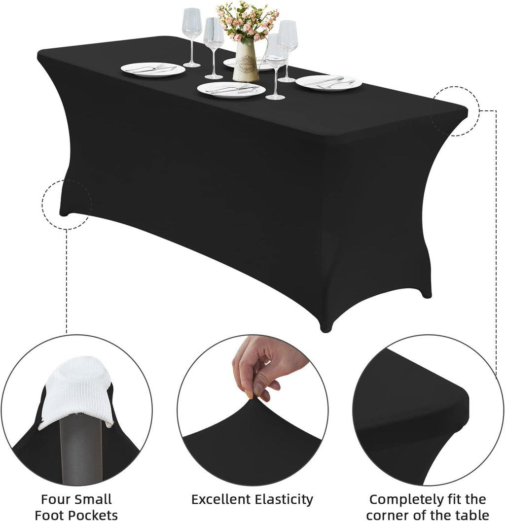 CWK 6FT Waterproof Stretch Spandex Table Cover for Rectangular Tables - Elastic Fitted Tablecloth for Folding Tables,Wrinkle Resistant Table Cloth for Parties, Weddings, Banquets & Events (Black)